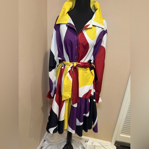 Rebdolls Dresses & Skirts - Rebdolls Colorful Bold Long Sleeve Belted Shirt Dress with High/Low Hem